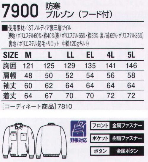 自重堂 7900 防寒ブルゾン（フード付） 丈夫さと温かさが愛される理由。耐久性抜群の「裏綿三層構造糸」がハードワーカーたちの間で定評のあるロングセラー・シリーズです。●落し込み収納式フード●胴裏●衿ボア仕様（取り外し式）●ワンポイント●内ポケット●袖口ジャージ仕様※こちらの商品は取り寄せのため、ご注文から商品お届けまでに約4～5営業日（土日祝祭日除く）程の期間をいただいております。  サイズ／スペック