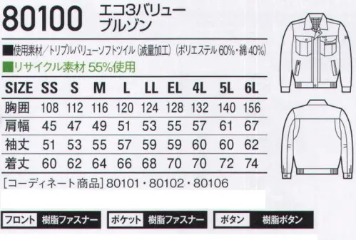 自重堂 80100 エコ3バリューブルゾン 着ればわかる「3つの価値」。エコ素材・防汚加工・製品制電の3つの価値を併せ持つハイグレード感覚の機能重視アイテムです。「防汚加工」ついた汚れが落ちやすく清潔感をキープ「製品制電」帯電防止JIS T8118適合商品。「エコ」環境負荷を軽減させるリサイクル素材を使用。防汚加工「オフルージュ」「オフルージュ」は落ちにくい汚れ（油・ソース・化粧品等）が付きにくいだけなく、付いた汚れが家庭洗濯で簡単に洗い落とせ、洗濯時に再汚染しにくい分子レベルのナノ加工です。※こちらの商品は取り寄せのため、ご注文から商品お届けまでに約4～5営業日（土日祝祭日除く）程の期間をいただいております。  サイズ／スペック