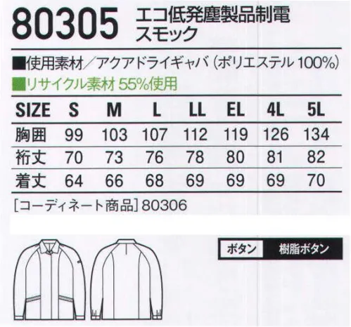 自重堂 80305 エコ低発塵製品制電スモック 低発塵性を素材と縫製の両面から実現。生地の裁ち目を隠すために巻き縫いやカバーリングなどの工夫を施し、わずかなチリやホコリが仕事に支障をきたすデリケートな現場にこそ必要とされるウェアを開発しました。「低発塵」チリやホコリを嫌うデリケートワークに最適。「製品制電」帯電防止JIS T8118適合商品。「防汚加工」ついた汚れが落ちやすく清潔感をキープ「エコ」環境負荷を軽減させるリサイクル素材を使用。「吸汗速乾」吸汗速乾性が高く、サラッとした着心地を実現。「アクアドライ」アクアドライは肌側に繊維の密度を粗く、外側に繊維を高密度に配置した二層構造。毛細管現象で、汗を素早く吸い上げ、乾かします。汗を肌に残さないので、べとつきにくく、体が冷えにくいサラッとした着心地です。※こちらの商品は取り寄せのため、ご注文から商品お届けまでに約4～5営業日（土日祝祭日除く）程の期間をいただいております。  サイズ／スペック