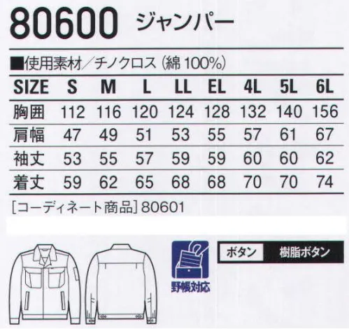 自重堂 80600 ジャンパー ハードワーカーのための綿100％ウェア。※こちらの商品は取り寄せのため、ご注文から商品お届けまでに約4～5営業日（土日祝祭日除く）程の期間をいただいております。  サイズ／スペック