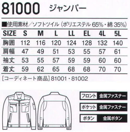 自重堂 81000 ジャンパー ※こちらの商品は取り寄せのため、ご注文から商品お届けまでに約4～5営業日（土日祝祭日除く）程の期間をいただいております。  サイズ／スペック