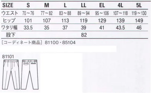 自重堂 81101 エコ製品制電ワンタックパンツ 「キズつけない」安心設計ユニフォーム。ファスナーやボタンの露出をなくしたデリケートワークに最適な男女ペアユニフォーム。「製品制電」帯電防止JIS T8118適合商品。「エコ」環境負荷を軽減させるリサイクル素材を使用。※こちらの商品は取り寄せのため、ご注文から商品お届けまでに約4～5営業日（土日祝祭日除く）程の期間をいただいております。  サイズ／スペック