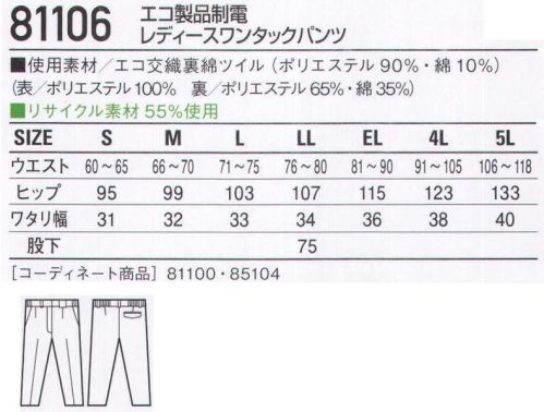 自重堂 81106 エコ製品制電レディースワンタックパンツ 「キズつけない」安心設計ユニフォーム。ファスナーやボタンの露出をなくしたデリケートワークに最適な男女ペアユニフォーム。「製品制電」帯電防止JIS T8118適合商品。「エコ」環境負荷を軽減させるリサイクル素材を使用。※こちらの商品は取り寄せのため、ご注文から商品お届けまでに約4～5営業日（土日祝祭日除く）程の期間をいただいております。  サイズ／スペック