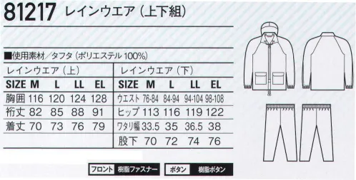 自重堂 81217 レインウェア(上下組) 耐水圧10000mmの総裏メッシュ仕様。●着脱しやすい総裏メッシュ仕様。●ファスナー裏は水滴の浸入を防ぐ比翼仕様。●目貼り加工。※こちらの商品は取り寄せのため、ご注文から商品お届けまでに約4～5営業日（土日祝祭日除く）程の期間をいただいております。  サイズ／スペック