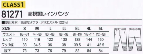 自重堂 81271 高視認レインパンツ 蛍光素材と再帰反射テープを使用した高視認性レインウェア。薄暮や夜間作業時の視認性を高めることで、着用者の安全性を考慮した一着。CLASS1全方向再帰反射テープ着用者のあらゆる動きに対し、全方向から認識可能な設計になっており、安全性を高めています。※本製品はISO20471規格に準拠した日本製の再帰性反射テープを使用しています。UNITIKA SPARKLITE・再帰反射テープ・マチ付裾ファスナー・サイドスルーポケット※こちらの商品は取り寄せのため、ご注文から商品お届けまでに約4～5営業日（土日祝祭日除く）程の期間をいただいております。  サイズ／スペック