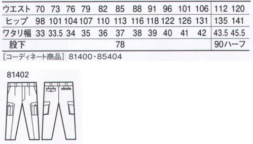自重堂 81402 エコ3バリューワンタックカーゴパンツ エコ・防汚加工・製品制電で、機能充実。納得プライスのオーソドックスがシリーズ。「製品制電」帯電防止JIS T8118適合商品。「エコ」環境負荷を軽減させるリサイクル素材を使用。防汚加工「オフルージュ」「オフルージュ」は落ちにくい汚れ（油・ソース・化粧品等）が付きにくいだけなく、付いた汚れが家庭洗濯で簡単に洗い落とせ、洗濯時に再汚染しにくい分子レベルのナノ加工です。※こちらの商品は取り寄せのため、ご注文から商品お届けまでに約4～5営業日（土日祝祭日除く）程の期間をいただいております。  サイズ／スペック