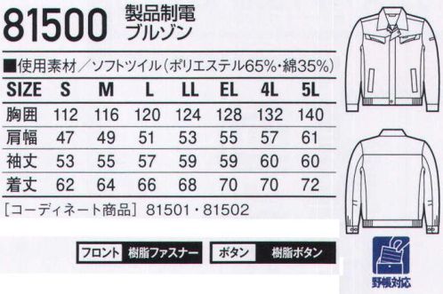 自重堂 81500 製品制電ブルゾン 新鮮さが持続する。洗濯耐久性に優れた一着。織物芯を使用することで型くずれを防止し、生地に色あせ防止効果をしていますので選択を繰り返しても新鮮さが持続します。製品制電帯電防止JIS T8118適合商品。ウイングアームII脇下がつっぱらないウイングアームII。※こちらの商品は取り寄せのため、ご注文から商品お届けまでに約4～5営業日（土日祝祭日除く）程の期間をいただいております。  サイズ／スペック