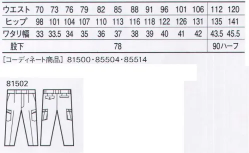 自重堂 81502 製品制電ワンタックカーゴパンツ 新鮮さが持続する。洗濯耐久性に優れた一着。織物芯を使用することで型くずれを防止し、生地に色あせ防止効果をしていますので選択を繰り返しても新鮮さが持続します。製品制電帯電防止JIS T8118適合商品。※こちらの商品は取り寄せのため、ご注文から商品お届けまでに約4～5営業日（土日祝祭日除く）程の期間をいただいております。  サイズ／スペック