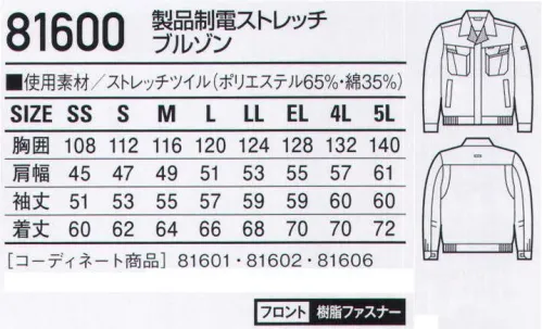 自重堂 81600 製品制電ストレッチブルゾン 突起物の露出をなくした多機能多機能男女ペアユニフォームに、ストレッチ性をプラス。「製品制電」「ストレッチ性」「消臭＆抗菌」機能を装備。「製品制電」帯電防止JIS T8118適合商品。「ストレッチ」ストレッチ性のある素材でスムーズな動きをサポート。※こちらの商品は取り寄せのため、ご注文から商品お届けまでに約4～5営業日（土日祝祭日除く）程の期間をいただいております。  サイズ／スペック