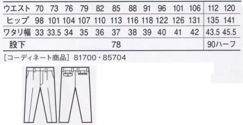 自重堂 81701 エコ5バリューワンタックパンツ 充実の5つの機能が幅広い職場で大活躍。「エコ」「ストレッチ」「製品制電」「ウイングアームII」「タフ素材（パワーテックスプラス）」の5つの機能を搭載。「ストレッチ」ストレッチ性のある素材でスムーズな動きをサポート「タフ素材」横方向への引っ張りに耐え引き裂けにくい素材を使用。「ウイングアーム」縦横プリーツ入りの立体的袖付けが、作業時のつっぱり感を解消。（81700・85704のみ）「製品制電」帯電防止JIS T8118適合商品。「エコ」環境負荷を軽減させるリサイクル素材を使用。「東レパワーテックスプラス」使用引裂・引張・摩耗の3つの強度に優れ、ハードな着用に耐えられる「パワーテックスプラス」。E65/35ツイルと比較しても抜群の強度があります。上品な光沢感とソフトな風合いを持ち、身体の動きにフィットした適度なストレッチ性も持っています。※こちらの商品は取り寄せのため、ご注文から商品お届けまでに約4～5営業日（土日祝祭日除く）程の期間をいただいております。  サイズ／スペック