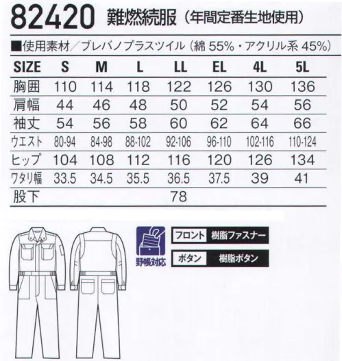 自重堂 82420 難燃続服 自己消火機能を有し防炎性に優れたワークウェア。安全対策の新定番。【BREVANOブレバノ・プラス 防炎+静電気帯電防止素材】●「防炎性」に優れ、自己消火機能を装備。難燃繊維「プロテックス」を使用しているので、素材自身に優れた自己消火機能があり、燃えにくく安心です。●一般の合成繊維100％素材に比べ「非溶融性」に優れ、肌に付着しにくく安心。火に触れても炭化するだけで延焼せず、しかも熱で溶けたり、縮んだりしないので、肌に付着しにくく安心です。●「耐洗濯性」に優れ、機能を長期間維持。洗濯後も難燃性や制電性が持続します。火に触れるとプロテックスが炭化します。同時に不燃性物質が発生します。↓不燃性物質が綿を炭化させ、燃焼スピードを抑えます。↓炭化したプロテック素が綿の表面を覆い、空気を遮断して自己消火します。※当商品は、危険度が高い作業環境(炉前等の熱現場及び溶接現場のようなスパッターが発生する作業環境)で使用される保護服や、消防用の防護服とは異なります。危険度が高い作業環境においては、必ず適切な機能を有する保護服や防火服等を併用して作業を行ってください。製品制電帯電防止JIS T8118適合※こちらの商品は取り寄せのため、ご注文から商品お届けまでに約4～5営業日（土日祝祭日除く）程の期間をいただいております。  サイズ／スペック