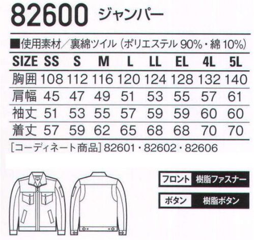 自重堂 82600 ジャンパー 通気性の低い裏綿素材を使用することで、防風性を高めるとともに保温性を持たせる新発想の作業服。※「36 シルバー」は、販売を終了致しました。※こちらの商品は取り寄せのため、ご注文から商品お届けまでに約4～5営業日（土日祝祭日除く）程の期間をいただいております。  サイズ／スペック