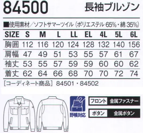 自重堂 84500 長袖ブルゾン 快適な作業は、最適なウェア選びから。だから高品質＆低価格。飽きのこないオーソドックスなデザイン。くわえてソフトな着心地、耐久性といった基本性能もしっかりと追求。さらにロープライスを実現した新定番スタイルです。肘タック肘の曲げ伸ばしがラク。※同じカラー展開で綿100％の84600シリーズもあります。※こちらの商品は取り寄せのため、ご注文から商品お届けまでに約4～5営業日（土日祝祭日除く）程の期間をいただいております。  サイズ／スペック