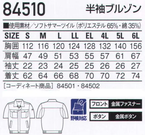 自重堂 84510 半袖ブルゾン 快適な作業は、最適なウェア選びから。だから高品質＆低価格。飽きのこないオーソドックスなデザイン。くわえてソフトな着心地、耐久性といった基本性能もしっかりと追求。さらにロープライスを実現した新定番スタイルです。※同じカラー展開で綿100％の84600シリーズもあります。※こちらの商品は取り寄せのため、ご注文から商品お届けまでに約4～5営業日（土日祝祭日除く）程の期間をいただいております。  サイズ／スペック