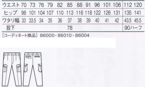 自重堂 86002 エコ製品制電ワンタックカーゴパンツ 高い通気性と吸汗速乾性で快適ワークをサポートするエコユニフォーム。「高通気」、「吸汗速乾」、「製品制電」、「エコ」の4つの機能を兼ね備えた高機能ユニフォーム。高通気通気性の高い素材を使用し、汗やムレによる不快感を軽減。吸汗・速乾吸汗速乾性が高く、サラッとした着心地を実現。製品制電帯電防止JIS T8118適合商品。エコ環境負荷を軽減させるリサイクル繊維を使用。※こちらの商品は取り寄せのため、ご注文から商品お届けまでに約4～5営業日（土日祝祭日除く）程の期間をいただいております。  サイズ／スペック