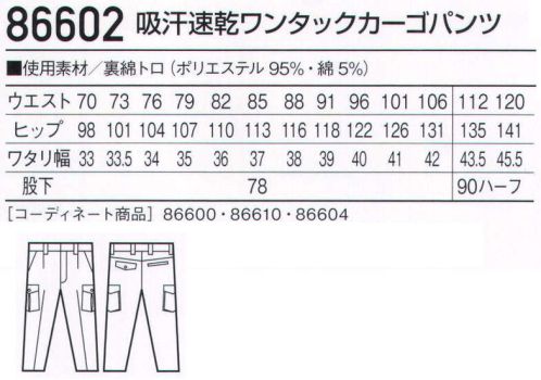 自重堂 86602 吸汗速乾ワンタックカーゴパンツ 通気性に優れた裏綿素材を使用した男女ペアユニフォーム。ジャンパーの両脇には衣服内にこもった蒸れや熱気を解消させるファスナー付きのベンチレーション機能を搭載。清涼機能素材通気性に優れ、涼しく爽やかな着心地の素材を使用。吸汗・速乾吸汗速乾性が高く、サラッとした着心地を実現。クールビズ対応商品温室効果ガス削減のために、夏のエアコンの温度設定を28℃に。そんな環境下で快適に過ごす為の商品です。※こちらの商品は取り寄せのため、ご注文から商品お届けまでに約4～5営業日（土日祝祭日除く）程の期間をいただいております。 ※「36 シルバー」、「39 アースグリーン」は販売を終了致しました。 サイズ／スペック