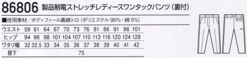 自重堂 86806 製品制電ストレッチレディースワンタックパンツ（裏付） 伸縮性に優れたストレッチ素材に防汚加工を施したソフトワーク向け男女ペアユニフォーム。カラーによって様々な着こなしが楽しめるカラーワーキング。●製品制電帯電防止JIS T8118適合商品。●ストレッチストレッチ性のある素材でスムーズな動きをサポート。●防汚加工付いた汚れが落ちやすく清潔感をキープ。ボディフィール®東レ ボディフィールは高いストレッチ性とストレッチバック性で動きやすさを極めるとともに、着用時の圧力（衣服圧）を軽減する快適な素材です。タップガード東レ タップガードは汚れが付着しにくく、付着した汚れが落ちやすい防汚加工を施した生地です。※こちらの商品は取り寄せのため、ご注文から商品お届けまでに約4～5営業日（土日祝祭日除く）程の期間をいただいております。  サイズ／スペック