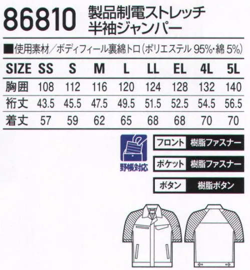 自重堂 86810 製品制電ストレッチ半袖ジャンパー 伸縮性に優れたストレッチ素材に防汚加工を施したソフトワーク向け男女ペアユニフォーム。カラーによって様々な着こなしが楽しめるカラーワーキング。●製品制電帯電防止JIS T8118適合商品。●ストレッチストレッチ性のある素材でスムーズな動きをサポート。●防汚加工付いた汚れが落ちやすく清潔感をキープ。ボディフィール®東レ ボディフィールは高いストレッチ性とストレッチバック性で動きやすさを極めるとともに、着用時の圧力（衣服圧）を軽減する快適な素材です。タップガード東レ タップガードは汚れが付着しにくく、付着した汚れが落ちやすい防汚加工を施した生地です。※こちらの商品は取り寄せのため、ご注文から商品お届けまでに約4～5営業日（土日祝祭日除く）程の期間をいただいております。  サイズ／スペック