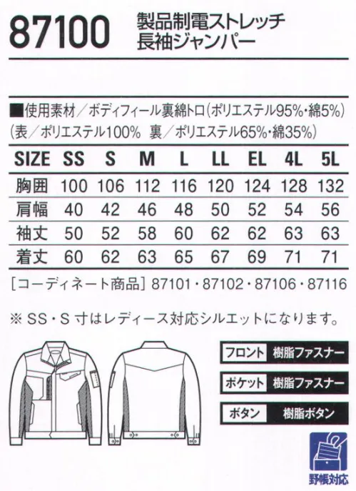 自重堂 87100 製品制電ストレッチ長袖ジャンパー 「汚れがつきにくい」と「汚れを落としやすい」を両立した防汚加工。ストレッチと製品制電もプラスし機能充実の男女ペアユニフォーム。●高通気通気性の高い素材を使用し、汗やムレによる不快感を軽減。●ストレッチストレッチ性のある素材でスムーズな動きをサポート。●製品制電帯電防止JIS T8118適合商品。●防汚加工付いた汚れが落ちやすく清潔感をキープ。【東レ「テクノクリーン®」を使用】・汚れがつきにくく、短時間の洗濯で落としやすい！ナノスケール加工技術を駆使した新しい防汚加工テキスタイル テクノクリーン®。これまで両立が困難だった「汚れがつきにくい」と「汚れを落としやすい」をテクノクリーン®が実現しました。・いろんなお仕事の汚れ※を早落ち！ホール・介護士・看護師・GSサービスマンなどの接客に携わるお仕事。整備士・コック・建設現場の方々などの汚れと向き合うお仕事。テクノクリーン®はいろんなお仕事の汚れを防ぎ、ついた汚れも素早く落とします。※通常のクリーニングで落とせる汚れで、専門の染み抜き等を必要としない汚れ。●防汚加工剤を構成するポリマーの疎水性成分（汚れにくさ=SG性）と親水性成分（汚れの落ち易さ=SR性）のバランスをナノレベルでコントロールし、防汚性を追求した業界最高水準の防汚加工です。●家庭洗濯はもちろん工業洗濯でも効果が確認されています。※こちらの商品は取り寄せのため、ご注文から商品お届けまでに約4～5営業日（土日祝祭日除く）程の期間をいただいております。  サイズ／スペック