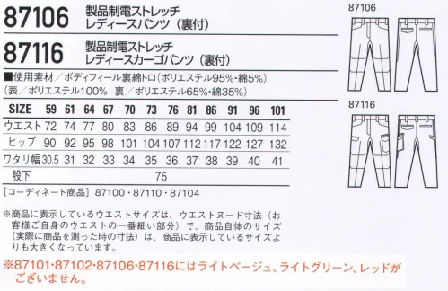 自重堂 87106 製品制電ストレッチレディースパンツ（裏付） 「汚れがつきにくい」と「汚れを落としやすい」を両立した防汚加工。ストレッチと製品制電もプラスし機能充実の男女ペアユニフォーム。●高通気通気性の高い素材を使用し、汗やムレによる不快感を軽減。●ストレッチストレッチ性のある素材でスムーズな動きをサポート。●製品制電帯電防止JIS T8118適合商品。●防汚加工付いた汚れが落ちやすく清潔感をキープ。【東レ「テクノクリーン®」を使用】・汚れがつきにくく、短時間の洗濯で落としやすい！ナノスケール加工技術を駆使した新しい防汚加工テキスタイル テクノクリーン®。これまで両立が困難だった「汚れがつきにくい」と「汚れを落としやすい」をテクノクリーン®が実現しました。・いろんなお仕事の汚れ※を早落ち！ホール・介護士・看護師・GSサービスマンなどの接客に携わるお仕事。整備士・コック・建設現場の方々などの汚れと向き合うお仕事。テクノクリーン®はいろんなお仕事の汚れを防ぎ、ついた汚れも素早く落とします。※通常のクリーニングで落とせる汚れで、専門の染み抜き等を必要としない汚れ。●防汚加工剤を構成するポリマーの疎水性成分（汚れにくさ=SG性）と親水性成分（汚れの落ち易さ=SR性）のバランスをナノレベルでコントロールし、防汚性を追求した業界最高水準の防汚加工です。●家庭洗濯はもちろん工業洗濯でも効果が確認されています。※ライトベージュ・ライトグリーン・レッドがございません。※こちらの商品は取り寄せのため、ご注文から商品お届けまでに約4～5営業日（土日祝祭日除く）程の期間をいただいております。  サイズ／スペック