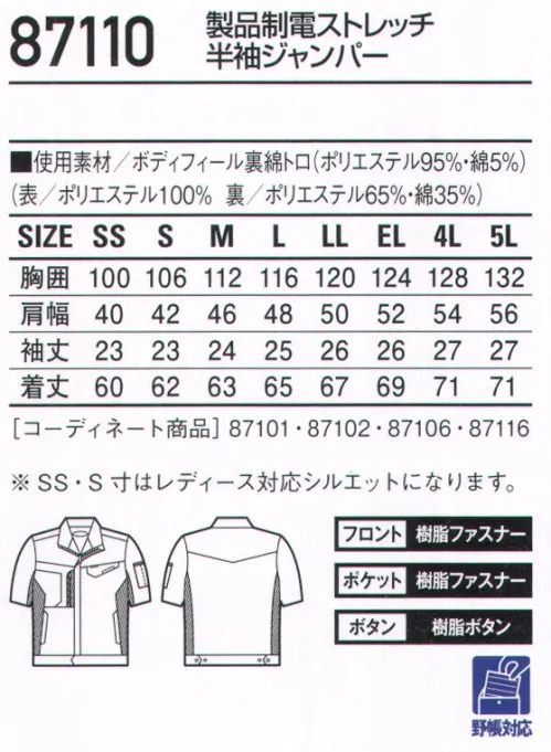 自重堂 87110 製品制電ストレッチ半袖ジャンパー 「汚れがつきにくい」と「汚れを落としやすい」を両立した防汚加工。ストレッチと製品制電もプラスし機能充実の男女ペアユニフォーム。●高通気通気性の高い素材を使用し、汗やムレによる不快感を軽減。●ストレッチストレッチ性のある素材でスムーズな動きをサポート。●製品制電帯電防止JIS T8118適合商品。●防汚加工付いた汚れが落ちやすく清潔感をキープ。【東レ「テクノクリーン®」を使用】・汚れがつきにくく、短時間の洗濯で落としやすい！ナノスケール加工技術を駆使した新しい防汚加工テキスタイル テクノクリーン®。これまで両立が困難だった「汚れがつきにくい」と「汚れを落としやすい」をテクノクリーン®が実現しました。・いろんなお仕事の汚れ※を早落ち！ホール・介護士・看護師・GSサービスマンなどの接客に携わるお仕事。整備士・コック・建設現場の方々などの汚れと向き合うお仕事。テクノクリーン®はいろんなお仕事の汚れを防ぎ、ついた汚れも素早く落とします。※通常のクリーニングで落とせる汚れで、専門の染み抜き等を必要としない汚れ。●防汚加工剤を構成するポリマーの疎水性成分（汚れにくさ=SG性）と親水性成分（汚れの落ち易さ=SR性）のバランスをナノレベルでコントロールし、防汚性を追求した業界最高水準の防汚加工です。●家庭洗濯はもちろん工業洗濯でも効果が確認されています。※こちらの商品は取り寄せのため、ご注文から商品お届けまでに約4～5営業日（土日祝祭日除く）程の期間をいただいております。  サイズ／スペック