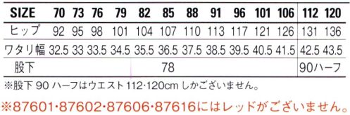 自重堂 87601 エコ製品制電ストレッチノータックパンツ SDGsの達成に貢献できる環境配慮型のワークウェア。【エコ繊維 ecodear】×【防汚加工 TECHNOCLEAN®】◎ecodear東レの「エコディア® PET」は、通常の石油由来テレフタル酸と砂糖をつくるときに福産されるサトウキビ廃糖密を原料とする植物由来エチレングリコールを複合・紡糸した、植物由来割合が約30％のポリエステル繊維です。石油由来ポリエステル繊維と同等の性能を持ち合わせており、オフィスユニフォーム、作業服をはじめとする各種用途に展開可能な素材です。◎TECHNOCLEAN®・汚れがつきにくく、短時間の洗濯で落としやすいナノスケール加工技術を駆使した新しい防汚加工テキスタイル テクノクリーン®これまで両立が困難だった「汚れがつきにくい」と「汚れを落としやすい」をテクノクリーン®が実現しました。・いろんなお仕事の汚れ※を早落ち！ホール・介護士・GSサービスマンなどの接客に携わるお仕事。整備士・コック・建設現場の方々などの汚れと向き合うお仕事。テクノクリーン®はいろんなお仕事の汚れを防ぎ、ついた汚れも素早く落とします。※通常のクリーニングで落とせる汚れで、専門の染み抜き等を必要としない汚れ。※こちらの商品は取り寄せのため、ご注文から商品お届けまでに約4～5営業日（土日祝祭日除く）程の期間をいただいております。  サイズ／スペック