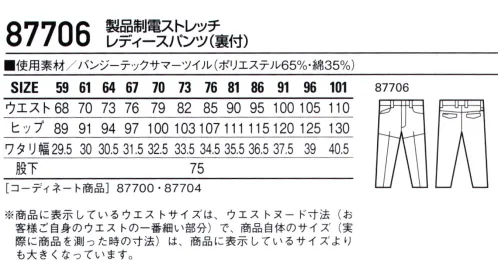 自重堂 87706 製品制電ストレッチレディースパンツ（裏付） フルハーネスを装着してもポケットがベルトに隠れにくいデザイン、ストレッチ素材を使用し、動きやすさにこだわったワークウエア。・ストレッチストレッチ性のある素材でスムーズな動きをサポート。・製品制電帯電防止 JIS T8118適合商品。 サイズ／スペック