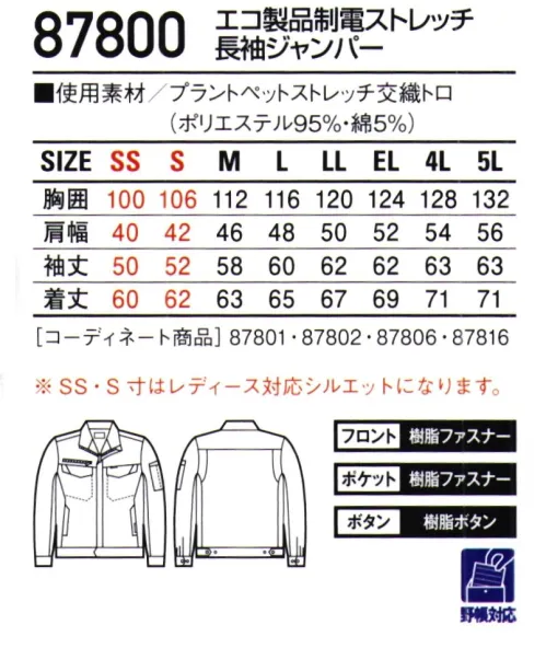 自重堂 87800 エコ製品制電ストレッチ長袖ジャンパー 植物由来PET繊維「PLANTPET®」を使用し、SDGsの達成に貢献できる環境配慮型のワークウェア。・製品制電帯電防止 JIS T8118適合商品。ストレッチストレッチ性のある素材でスムーズな動きをサポート。・ウイングアームⅡ脇から袖付けまでのオリジナル縫製により、脇下のつっぱり感をすっきり解消。・エコ植物由来PET繊維使用。 サイズ／スペック