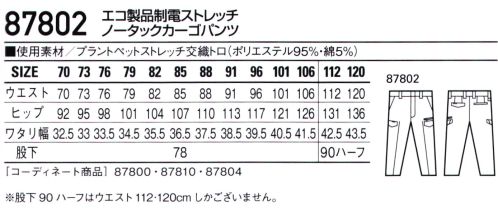 自重堂 87802 エコ製品制電ストレッチノータックカーゴパンツ 植物由来PET繊維「PLANTPET®」を使用し、SDGsの達成に貢献できる環境配慮型のワークウェア。・製品制電帯電防止 JIS T8118適合商品。ストレッチストレッチ性のある素材でスムーズな動きをサポート。・エコ植物由来PET繊維使用。 サイズ／スペック