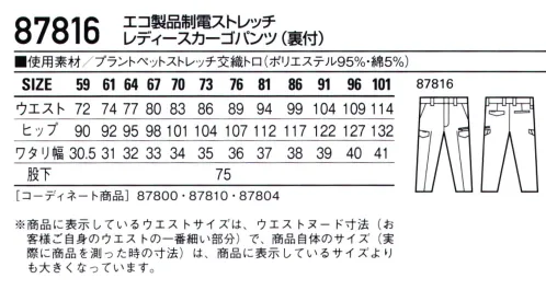 自重堂 87816 エコ製品制電ストレッチレディースカーゴパンツ（裏付） 植物由来PET繊維「PLANTPET®」を使用し、SDGsの達成に貢献できる環境配慮型のワークウェア。・製品制電帯電防止 JIS T8118適合商品。ストレッチストレッチ性のある素材でスムーズな動きをサポート。・エコ植物由来PET繊維使用。 サイズ／スペック