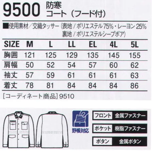 自重堂 9500 防寒コート（フード付） 胴裏ボアで冬の厳しい寒さを完全防備。あらゆるワーキングシーンに対応するので、とても重宝がられる防寒ウェア。軽い着心地と胴裏ボアの温かさでロングセラーの名を欲しいままにしています。●落し込み収納式フード●胴裏●衿ボア仕様（取り外し式）●内ポケット●腰ひも付●袖口内ジャージ仕様※こちらの商品は取り寄せのため、ご注文から商品お届けまでに約4～5営業日（土日祝祭日除く）程の期間をいただいております。  サイズ／スペック