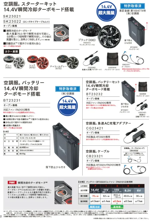 自重堂 SK23021 空調服 スターターキット 14.4V サイズ／スペック