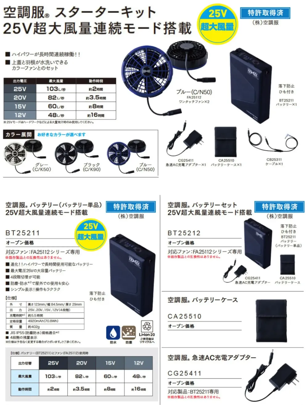 自重堂 SK25011 空調服 スターターキット 25V サイズ・スペック