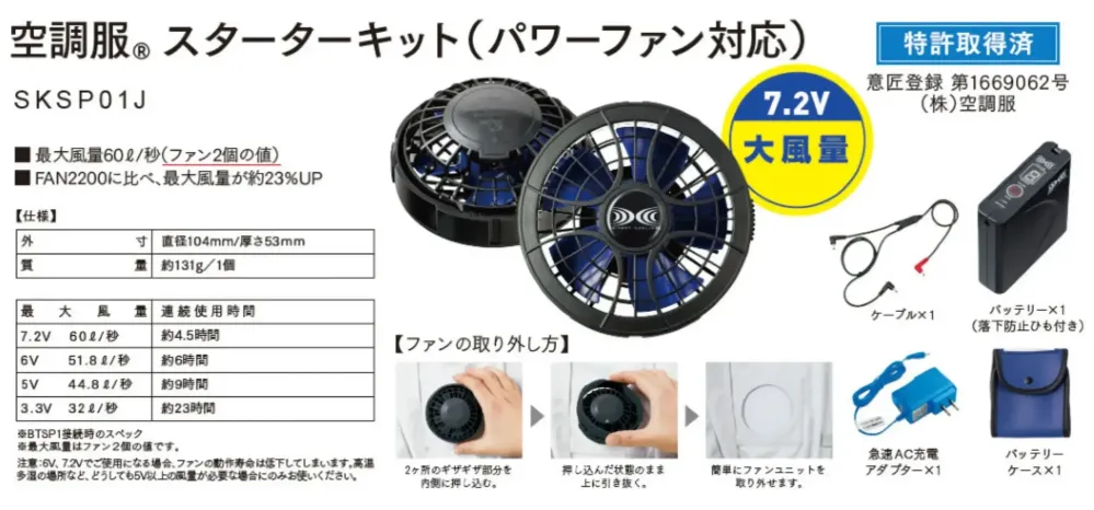 自重堂 SKSP01J 空調服パワーファンスターターキット サイズ・スペック