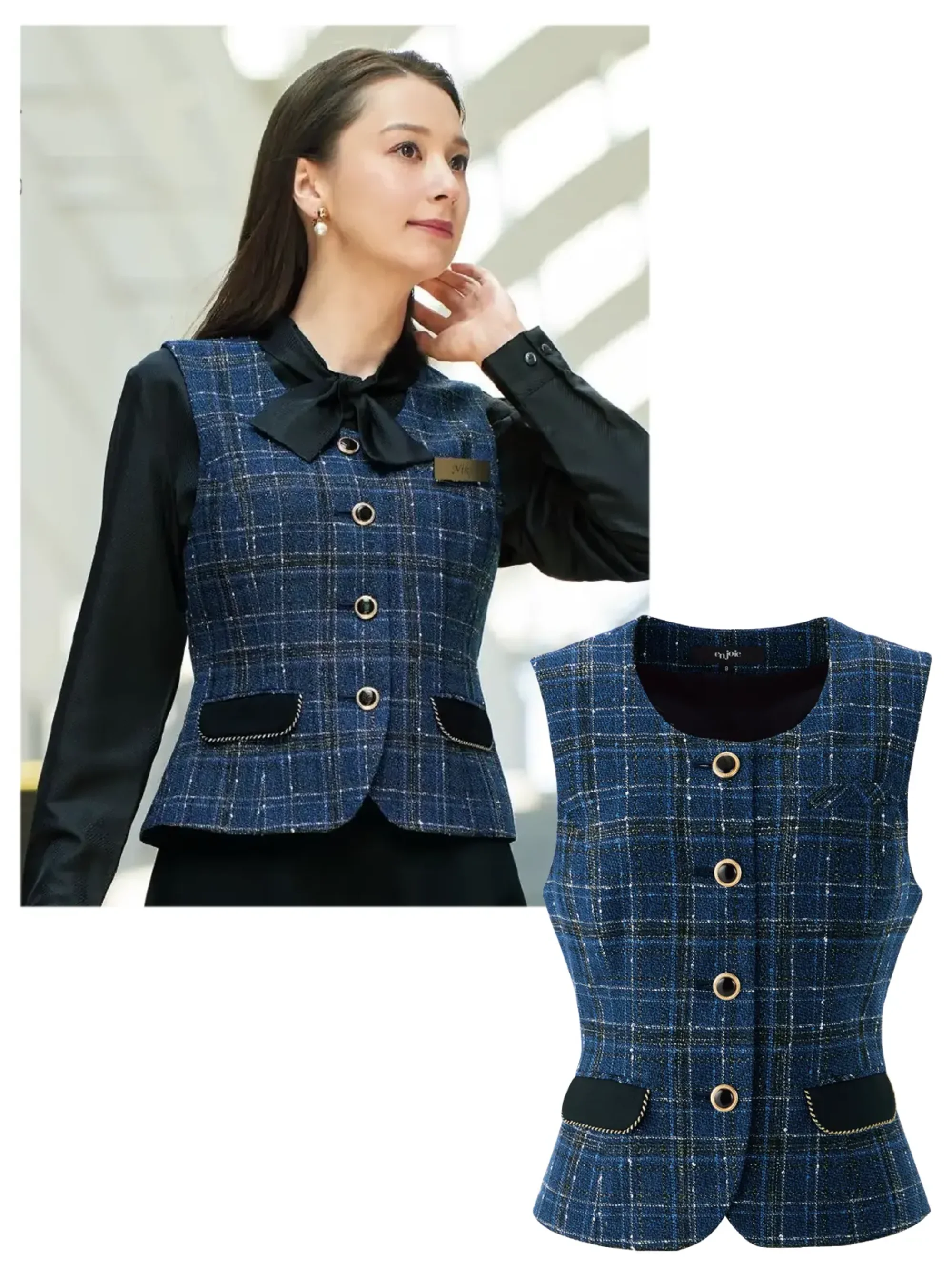 ジョア 12150-3 ベスト 12150 ベスト接客のプロフェッショナルのためのen joie華やぎコンシェルジュ®コレクションのエレガントなベストです。グランブルーチェックのツイード調素材にゴールドラメ糸を織り交ぜた生地厚5の上質な仕上がりで、インフォメーションやフロント業務での品格ある存在感を演出し、お客様への上質なおもてなし体験を提供します。特徴・華やぎコンシェルジュ®コレクションの贅沢で至高を演出するクラシカルなデザイン・大きめなアシンメトリーチェックにゴールドラメ糸を織り交ぜたプレミアム感漂う素材・ツイード調のチェック生地で伝統と個性が交差する煌びやかな深みのあるブルー・名札ポケット付きで実用性を追求・インフォメーション、アテンド、フロント業務に特化した接客専用設計・ホームクリーニング対応でお手入れ簡単・ワンピースやジャケットとのコーディネートで空間全体をプロデュース※21～25号は受注生産になります。※受注生産品につきましては、ご注文後のキャンセル、返品及び他の商品との交換、色・サイズ交換が出来ませんのでご注意ください。※受注生産品のお支払い方法は、前払いにて承り、ご入金確認後の手配となります。