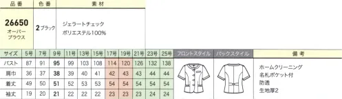 ジョア 26650-B オーバーブラウス　17号～19号 医療の現場において、患者様の安心感につながるような、優しい色合いのチェック柄で印象アップ。大容量の脇ポケットや動きやすいニット素材の採用で、はたらく女性をサポートします。ラウンドカラーですっきり爽やかなオーバーブラウス春夏らしいブルーの大柄チェックが涼しげな印象のオーバーブラウス。ポケットやバックスタイルにあしらったリボンで、品のよさと大人のかわいらしさを実現しました。■形状特徴・バックスタイルポケットに合わせた、リボンのベルトがアクセントのバックスタイル・大容量ポケット深さのある大容量ポケットで機能的にも充実・名刺ポケット胸ポケットにペンをさしても名札が邪魔にならない実用性の高い名刺ポケット※「3ブルー」は、販売を終了致しました。 サイズ／スペック