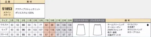 ジョア 51853 Aラインスカート ●アクティブストレッチニット吸汗・速乾性、防シワ性に優れたニット素材。軽く、伸縮性がよく、ソフトな膨らみと光沢感が特色です。※21～25号は受注生産になります。※受注生産品につきましては、ご注文後のキャンセル、返品及び他の商品との交換、色・サイズ交換が出来ませんのでご注意ください。※受注生産品のお支払い方法は、先振込（代金引換以外）にて承り、ご入金確認後の手配となります。 サイズ／スペック