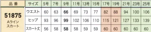 ジョア 51875-2 Aラインスカート（58cm丈） はたらく女性をとりこにする ストレスフリーボトムハイストレッチ素材を使用し、背面のウエスト部分にゴムが縫い付けてあるので、動きに合わせて伸縮します。フロント部分はステッチや切替をなくし、ウエストの圧迫軽減＆すっきりとキレイに見えるデザインに。 サイズ／スペック