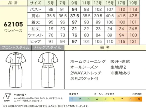 ジョア 62105-B ワンピース　17号～19号 「美」と「優」の調和美容な医療の現場に、さらなる上質な美と優しさを美しく艶やかなパールで、優しさ溢れる新シリーズが登場。美容医療やクリニックの現場で働く女性に最適なデザインです。襟元のパールボタンがアクセント。まるでジュエリーを身に纏っているような、特別感のあるデザインです。品格漂うブラックと柔らかい印象を与えるベージュの2色展開です。ふんわりと優しい印象を醸すバルーンシルエット●名札ポケットを採用…胸ポケットにペンを挿しても邪魔にならない実用性の高い名札ポケット。●パールボタン…襟元にパールボタンをあしらい、華やかな印象に仕上げました。●前ファスナー…着脱のしやすい前ファスナー。●インカム用ループ…襟元にはインカムのマイクを挟めるループが付いています。●脇が見えないケアマチ仕様…袖の脇部分は「ケアマチ」という脇見え防止仕様になっています。●後ろポケット…ヒップ部分にはポケットを付けており、インカムなどを入れられます。●2WAYストレッチ……縦・横2方向に伸縮する優れたストレッチ性を持つニット素材です。【Tricot Twill（トリコットツイル）】ハリコシのある風合いで、ニュアンスのあるツイルのトリコット素材。ストレッチ性と防シワ性に優れています。吸汗速乾機能もあり、汗をかいても快適に着用していただけます。 サイズ／スペック