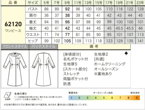 ジョア 62120 ワンピース 光りと輝きをもたらす ラグジュアリースタイル色鮮やかな意匠糸にラメが華やかな上質のツイード地で仕立てました。纏う人を洗練された雰囲気で包み、ラグジュアリーなムードを空間にもたらします。空間に最大限のエレガンスを【ビジューツイード】黒ベースにマイクロチェック柄を切ったツイード素材。ピンク、グリーン、ブルー、イエローなどの意匠糸やラメ糸を織り交ぜた華やかな素材です。【La Briller（ラブリエ）シリーズ】La Briller（ラブリエ）とはフランス語で『輝く』という意味。その名にふさわしい、空間を華やかに光り輝かせる。色鮮やかなラメ糸を使用し、繊細なツイード素材に仕上げています。おもてなしの現場に、さらなる輝きをお届けします。前ファスナー羽織るように着ていただける前ファスナータイプウエストベルトでサイズ調節可能ウエストのベルト部分にあたるボタンの位置を変えることで、ウエストサイズを絞って着用することが可能です。お好みに合わせてサイズ調整をしてください。◆華やぎコンシェルジュ®コレクション◆品格際立つ華やかな存在感グレード感のある上質さと、洗練されたトレンド性の高いデザインで、接客シーンを彩る華やぎコンシェルジュ®コレクション。企業の品格にふさわしいおもてなし服をお届けいたします。「華やぎコンシェルジュ®」は株式会社ジョアの登録商標です。※17号～23号は受注生産になります。※受注生産品につきましては、ご注文後のキャンセル、返品及び他の商品との交換、色・サイズ交換が出来ませんのでご注意ください。※受注生産品のお支払い方法は、前払いにて承り、ご入金確認後の手配となります。 サイズ／スペック