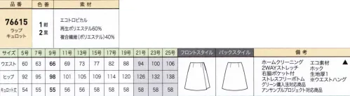 ジョア 76615 ラップキュロット（55cm丈） はたらく女性をとりこにするストレスフリーボトム誕生。気になるおなか周りやヒップラインを見た目はすっきり、着心地はゆったり。ストレスのないしごと服で、仕事効率アップを目指して。フロントから見ると巻きスカート、後ろから見るとAラインスカートに見えるラップキュロット。動きの多いお仕事に最適です。●バックスタイルパンツの部分が全く見えないデザインにすることで、後ろから見るとAラインスカートのように見えます。●フロントスタイル前から見ると巻きスカートのように見えるデザイン。動きやすさと可愛さを兼ね備えました。●すっきりと仕上がるホック＆ファスナーかみ合わせ部分が表に出ないコンシールファスナーを使用し、デザインの邪魔をすることなくすっきりとした仕上がりに。●ウエストの圧迫感なく履けるボトムシリーズ後ろは体に沿って伸びるカーブゴム、フロントはストレッチで優しくフィットします。【エコトロピカル】優しいふくらみ感とストレッチ性を兼ね備えた機能素材。プレーンで清涼感のある素材なので、夏に最適です。トリクシオンという帝人フロンティアの機能糸を使用しており、ポリエステルなのにウールのような自然でソフトな風合いが特徴です。再生ポリエステルを使用し、自然環境に配慮した素材です。※21～25号は受注生産になります。※受注生産品につきましては、ご注文後のキャンセル、返品及び他の商品との交換、色・サイズ交換が出来ませんのでご注意ください。※受注生産品のお支払い方法は、先振込（代金引換以外）にて承り、ご入金確認後の手配となります。 サイズ／スペック