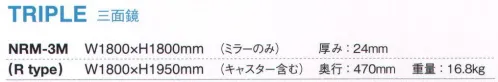 Ｊ.フロント建装 NRM-3M スポーツミラー 三面鏡 Rタイプ キャスター付きのスポーツミラーは狭いスペースに重ねて収納できます。「リフェクス」は特殊加工した高精度のポリエステルフィルムをパネル状にしたグラスレスミラーです。表面鏡に匹敵するほどの高い反射率を持ちながら、重さはガラスのわずか6分の1。軽くて割れない安全性を有し、従来の鏡では成しえなかった空間演出も可能に。まったく新しい鏡の世界を創造しました。特徴・超軽量。軽さはガラス鏡の約6分の1。・安全性が高い。割れて飛散しない。・反射率が高いので、明るくきれいに映る。・一般的なガラス鏡に比べ、クリアに映り、原色・実像を鮮明に再現。・安心の日本製。（職人が一枚一枚手貼りしている）・25ミクロンの極薄フィルムを使用している為、二重映りしない。・中空張りという特殊な製法で制作している為、大きな面積でも歪みにくい。・軽量なので施工性が良い。（コストパフォーマンスが良く、下地が軽量で搬入が簡単）・国内工場で生産している為、納期はフレキシブルな対応が可能。・万一フィルム面が外れた場合、張り替えが可能（別料金）。お取り扱い上のご注意・リフェクスミラーは中空張りのパネルなので、鋭利なもので突き刺すと破れることがあります。・直射日光の当たるところ、湿気の多いところでの使用、保管は避けてください。・運搬時は鏡面をキズつけないよう十分注意してください。・保管時は平積みを避け、立てかけて保管してください。・空調機の風が至近距離であたる場所での使用、保管は避けてください。お手入れ方法・軽い汚れは、製品同送の専用クリーナークロスでソフトに拭いてください。・汚れのひどい部分は、中性洗剤薄め液をご使用ください。・表面はポリエステルフィルムの為、溶剤の使用は厳禁です。また、研磨剤が混入しているクリーナーも傷の原因になりますので、使用はお控え下さい。※画像はRM-16です。※この商品はご注文後のキャンセル、返品及び交換は出来ませんのでご注意下さい。※なお、この商品のお支払方法は、先振込（代金引換以外）にて承り、ご入金確認後の手配となります。なお、納期は10日ほどかかります。 サイズ／スペック