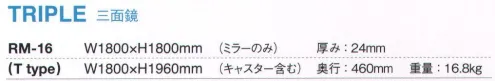 Ｊ.フロント建装 RM-16 スポーツミラー 三面鏡 Tタイプ キャスター付きのスポーツミラーは狭いスペースに重ねて収納できます。「リフェクス」は特殊加工した高精度のポリエステルフィルムをパネル状にしたグラスレスミラーです。表面鏡に匹敵するほどの高い反射率を持ちながら、重さはガラスのわずか6分の1。軽くて割れない安全性を有し、従来の鏡では成しえなかった空間演出も可能に。まったく新しい鏡の世界を創造しました。特徴・超軽量。軽さはガラス鏡の約6分の1。・安全性が高い。割れて飛散しない。・反射率が高いので、明るくきれいに映る。・一般的なガラス鏡に比べ、クリアに映り、原色・実像を鮮明に再現。・安心の日本製。（職人が一枚一枚手貼りしている）・25ミクロンの極薄フィルムを使用している為、二重映りしない。・中空張りという特殊な製法で制作している為、大きな面積でも歪みにくい。・軽量なので施工性が良い。（コストパフォーマンスが良く、下地が軽量で搬入が簡単）・国内工場で生産している為、納期はフレキシブルな対応が可能。・万一フィルム面が外れた場合、張り替えが可能（別料金）。お取り扱い上のご注意・リフェクスミラーは中空張りのパネルなので、鋭利なもので突き刺すと破れることがあります。・直射日光の当たるところ、湿気の多いところでの使用、保管は避けてください。・運搬時は鏡面をキズつけないよう十分注意してください。・保管時は平積みを避け、立てかけて保管してください。・空調機の風が至近距離であたる場所での使用、保管は避けてください。お手入れ方法・軽い汚れは、製品同送の専用クリーナークロスでソフトに拭いてください。・汚れのひどい部分は、中性洗剤薄め液をご使用ください。・表面はポリエステルフィルムの為、溶剤の使用は厳禁です。また、研磨剤が混入しているクリーナーも傷の原因になりますので、使用はお控え下さい。※この商品はご注文後のキャンセル、返品及び交換は出来ませんのでご注意下さい。※なお、この商品のお支払方法は、先振込（代金引換以外）にて承り、ご入金確認後の手配となります。なお、納期は10日ほどかかります。 サイズ／スペック