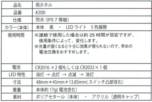 ジンナイ 200 雨ホタル（LEDライト） 新しい安全対策をご提案致します！ 雨の日や夜間などの視界が悪いときにどのような安全対策を行っていますか？反射材や蓄光材だけでは不十分な部分を自然光ライトで補います。 防水仕様！超軽量17グラム。胸・背中・腕どこでもお好きな位置に縫い付け可能！自らの死角になる背中側や、バイクに乗った時の左右への視認性向上など、皆様の活動、作業内容に合わせて縫い付ける位置を選ぶことができます。反射材などでは補いきれない新たな安全性の提案です。 ぶらさげたり、クリップで止めるのではなく、作業性を考慮してミシンで縫いつけてあります！完全固定！レインウエアの場合、土台を縫い付けた裏側も防水テープにてしっかりと防水加工できます。 高輝度LEDのため、暗闇の中でも存在をアピールします。（土台から本体を取り外せば、ちょっとした補助照明としても使えます。）使用時間:連続で使用した場合は約25時間が目安ですが、使用条件によって変化します。※光量が弱くなると十分に効果が得られないので、早めの電池交換をおすすめします。 LED特性:消灯→点灯→点滅→消灯スイッチを1回押すと点灯、2回押すと点滅します。※ライトのみの販売です。ウエアは別売りです。 サイズ／スペック