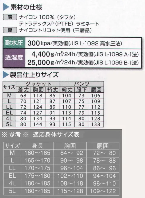 ジンナイ 5000 ナダレス テトラテックススーツ（上下セット） アメリカ発、高次元透湿防水タイプ。他に類を見ない耐水性を実現！マイクロポーラスの三次元的構造が多機能の同時発揮を実現。テトラテックスはマイクロフィルター、防塵等、環境資材メーカーの中で最も歴史を持つアメリカのドナルドソン社が開発したPTFE（ポリテトラフロロエチレン）を特殊延伸加工により微多孔質フィルムとし、各種素材とラミネートした先進的素材です。このフィルムのマイクロポーラス（多孔質構造）は、一定方向に開いているのではなく、それぞれが複雑に重なり合っているため、三次元とも言える構造をしており、この構造こそが優れた耐水性と透湿性・通気性を合わせて発揮することを可能にしたのです。高耐水性、高透湿性を優先に設計された「テトラテックス」は、過酷な気象条件や環境条件においても、雨や雪はもちろん、さまざまな薬品・粉塵の侵入を確実にシャットアウト！内部が濡れたり汚染されることもありません。また、テトラテックスフィルムは劣化しにくく、耐熱性、耐薬品性があり、過酷な環境下でこそ、その能力を発揮します。●おすすめ使用環境:作業全般（港湾・空港・農業・その他）、配送業（デリバリー・宅配便など）、工事（電気・ガス・鉄道・水道など）、公共（消防・防災・清掃など） サイズ／スペック