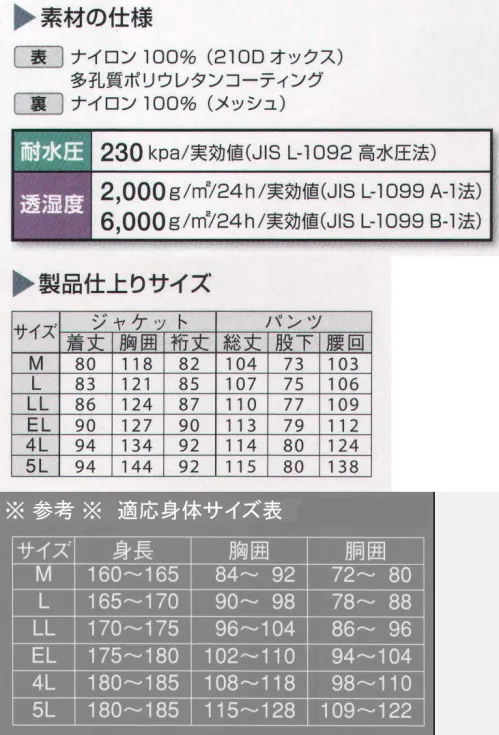 ジンナイ 8900 ナダレススーツ（上下セット） 雨や風の浸入を防ぎながら、ウェア内の湿気を放出することで結露を防止する透湿耐水素材を使用。ミシン縫製後、縫い目にはシームテープで目貼り加工を施してあるので、高い耐水性をもっています。一般の雨衣用のタフタ素材よりも丈夫な素材です。糸の太さを1．5～3倍にして織った生地で、表面は平滑で地は厚く、引っ張りや引裂きの強度が強く丈夫です。●おすすめ使用環境:作業全般（港湾・空港・農業・その他）、工事（電気・ガス・鉄道・水道など）、公共（消防・防災・清掃など）、空港作業（整備・貨物・運航支援など） サイズ／スペック
