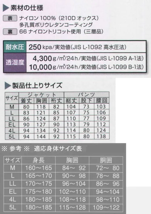 ジンナイ 8950 ナダレススーツ（上下セット） 雨や風の浸入を防ぎながら、ウェア内の湿気を放出することで結露を防止する透湿耐水素材を使用。ミシン縫製後、縫い目にはシームテープで目貼り加工を施してあるので、高い耐水性をもっています。一般の雨衣用のタフタ素材よりも丈夫な素材です。糸の太さを1．5～3倍にして織った生地で、表面は平滑で地は厚く、引っ張りや引裂きの強度が強く丈夫です。●おすすめ使用環境:作業全般（港湾・空港・農業・その他）、工事（電気・ガス・鉄道・水道など）、公共（消防・防災・清掃など）、空港作業（整備・貨物・運航支援など） サイズ／スペック