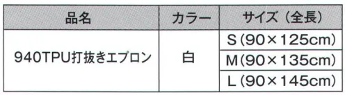 ジンナイ 940 TPU打抜きエプロン ウレタン打抜きエプロン。軽い・丈夫・衛生的。衛生的、その理由は？1.油に強い！2.汚れが落ちやすい！3.水分が乾きやすい！糸くずの異物混入なし。異物混入対策高い耐久性 サイズ／スペック