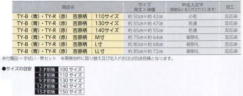 上西産業 TY 祭り袢天 吉原柄 青・赤(大人用・子供用)共、同じ柄です。A柄帯・祭豆手拭セット。衿名入文字(既製品に名入れされています)110サイズ=小若130・140サイズ=若連M寸・L寸・LL寸=御祭礼※この商品はご注文後のキャンセル、返品及び交換は出来ませんのでご注意下さい。※なお、この商品のお支払方法は、先振込（代金引換以外）にて承り、ご入金確認後の手配となります。 サイズ／スペック