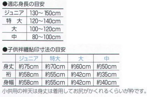 上西産業 DM-5999 イベント袢天(子供用) 子供用には袢纏帯が付きます。子供用の袢天は、身丈は着用してお尻がかくれるくらいが粋です。【ご注意】日焼け退色、ガス退色に強めですが、摩擦堅牢度が弱めになります。摩擦には充分ご注意ください。(色特性、汗、洗濯などの条件により異なります)タンブラー乾燥禁止。洗濯はドライ不可。単独でたっぷりの水を使ってください。濡れたままの放置はお避けください。(汗を含む)※この商品はご注文後のキャンセル、返品及び交換は出来ませんのでご注意下さい。※なお、この商品のお支払方法は、先振込（代金引換以外）にて承り、ご入金確認後の手配となります。 サイズ／スペック